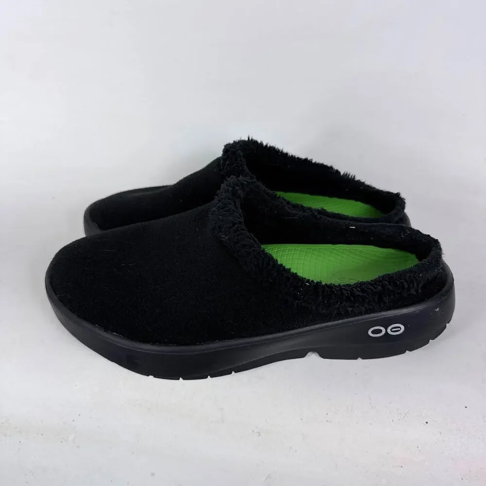 OOFOS OOcoozie Mule Men's 11 Black Vegan Sherpa Slip-On Casual Recovery Slippers